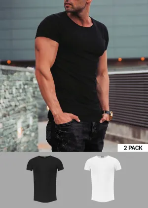 2 Pack Black and White Men's Plain Round Neck T-shirt - Longline