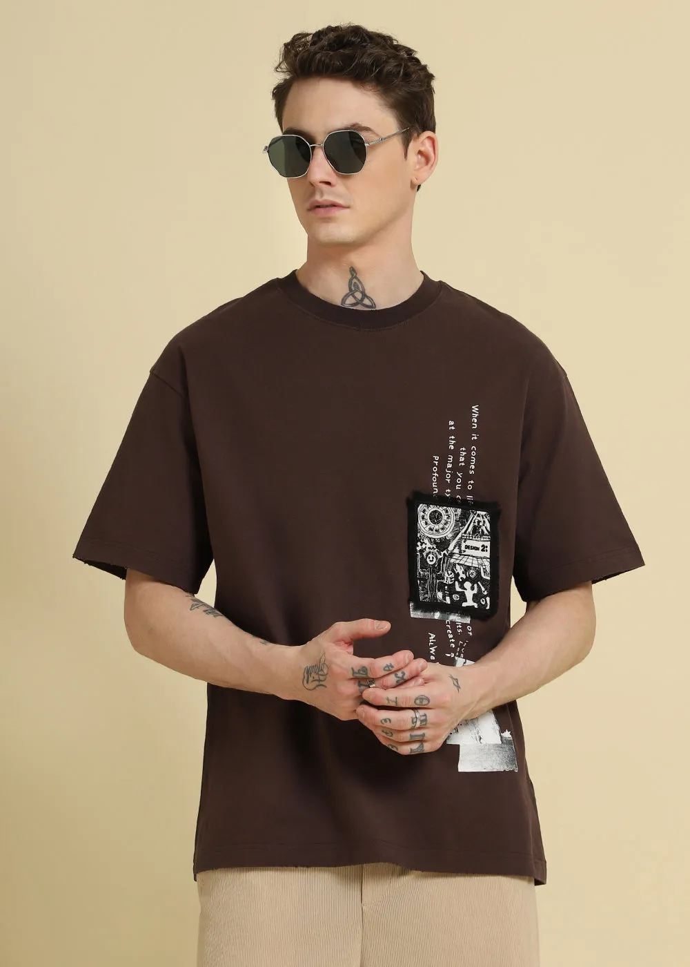 Brown Applique Printed Oversized T-shirt