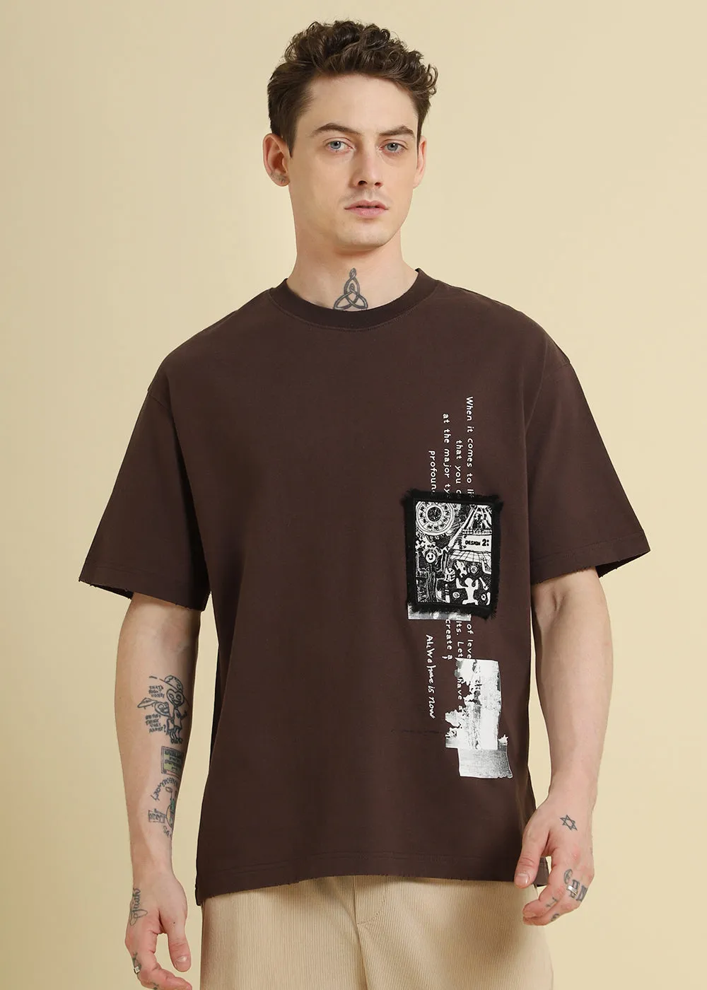 Brown Applique Printed Oversized T-shirt