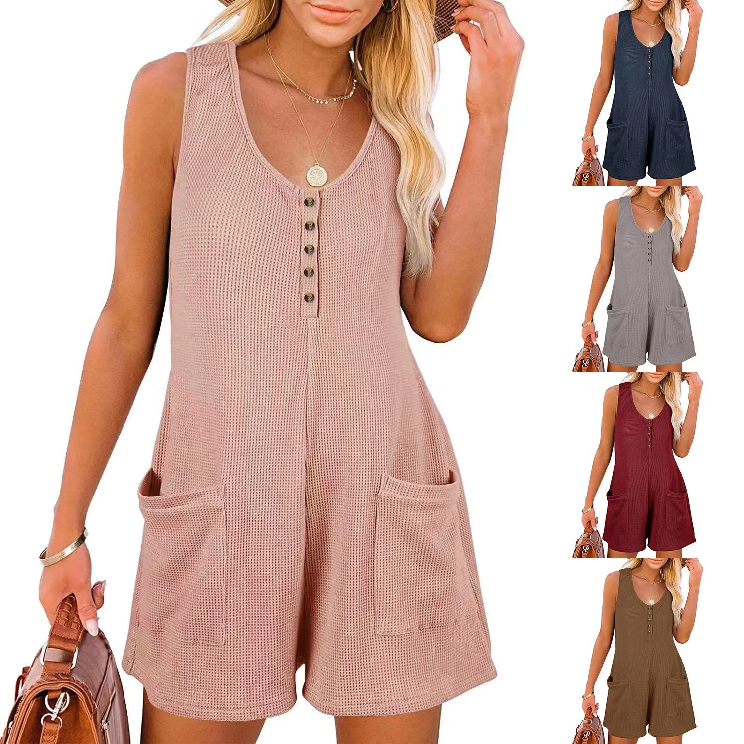 Casual Waffle Button Jumpsuit With Pockets  Straight Shorts