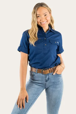 Jules Womens Half Button Short Sleeve Work Shirt - Navy