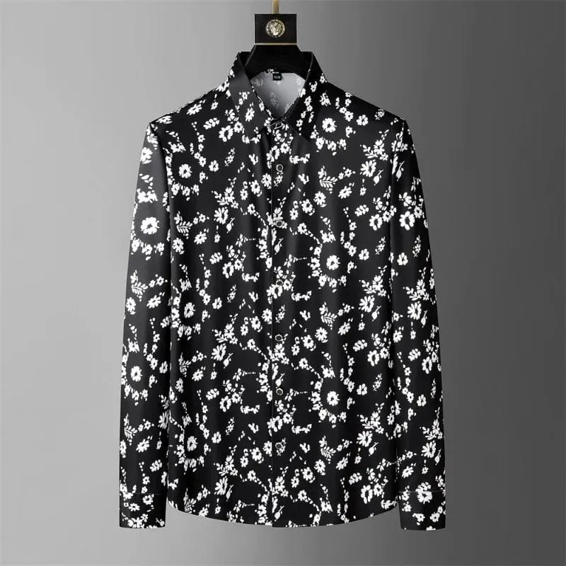 Men's Slim Fit Flower Print Long-Sleeve Dress Shirt - Casual Business & Social Party Attire