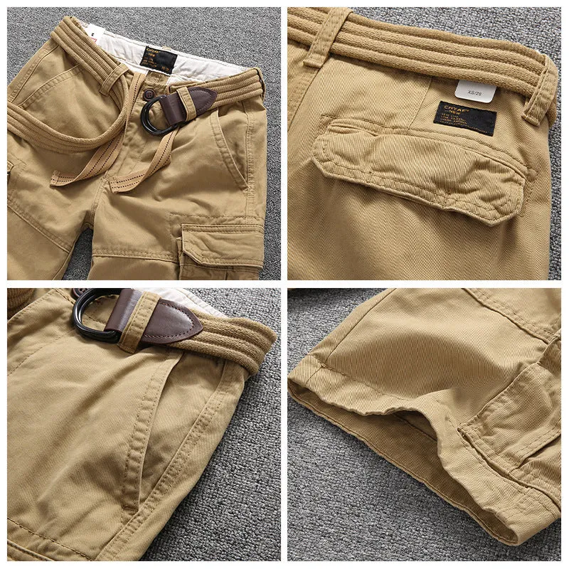 Men's Summer Loose Straight Belt Outdoor Solid Cotton Multi Pocket Shorts | 170