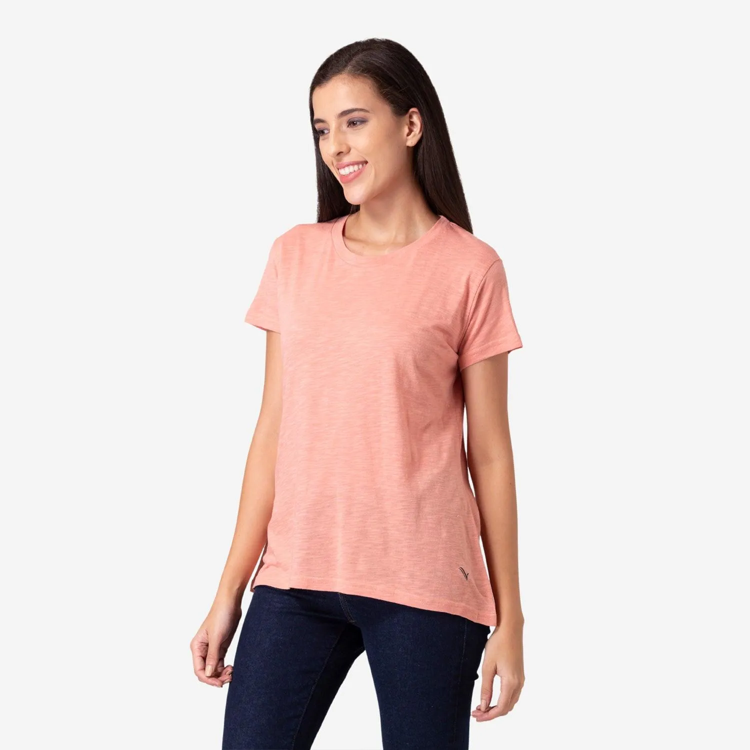 Women's Plain Half Sleeve Round-Neck T-Shirt For Summer - Coral