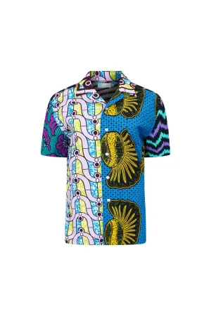 Zika Loose fit Bowling Collar Unisex Shirt - Mix Match Blue Yellow Purple and Green African Ankara Wax Cotton Print